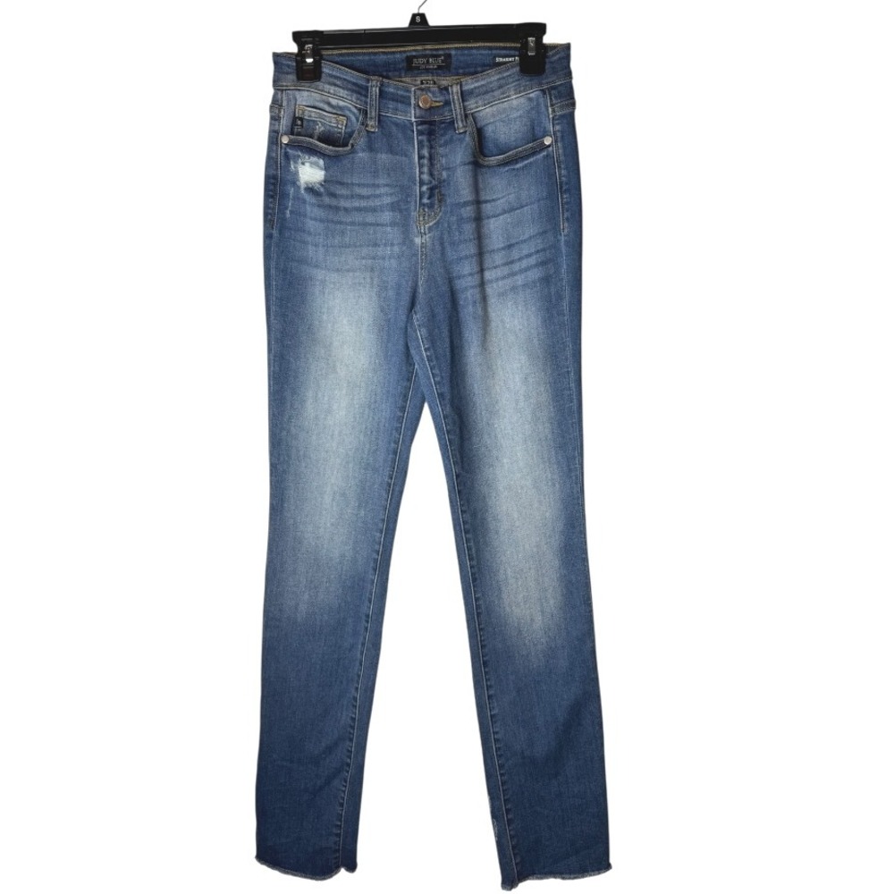 Judy Blue Jeans Women 28‎ Blue Medium Wash Denim Distressed Raw Hem Straight Leg